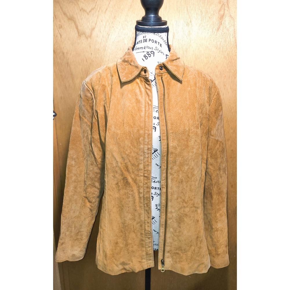 AMI Tan Suede Leather Jacket Womens Large Full Zip Collared 2029WS Brown